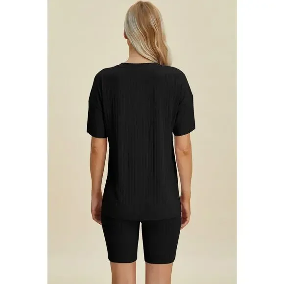 BASIC BAE Plus Black Ribbed V-Neck Short Sleeve Top Shorts Set NEW - Picture 3 of 6